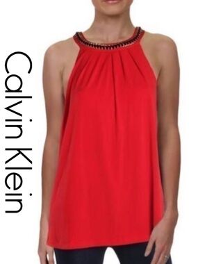 Calvin Klein XL Red Silk (?) Gold Velvet Braid Top
